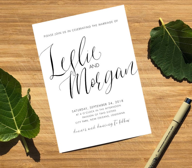 Calligraphy Style Wedding Invitation Personalized, DIGITAL OR PRINTED black and white, simple, classic, elegant wedding invites image 1