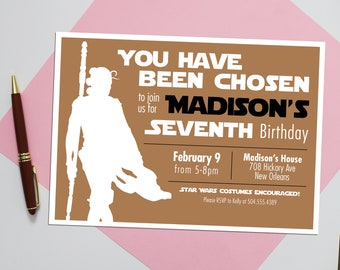 May include: A brown and white Star Wars-themed birthday invitation. The invitation features a white silhouette of a character holding a staff. Text includes "YOU HAVE BEEN CHOSEN" and "MADISON'S SEVENTH Birthday". The date and time are also included.