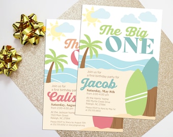 Retro Surf First Birthday Invitation – The Big One, Personalized (Digital or Printed)