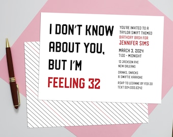 Feeling 22 Birthday Party Invitation - Personalized, DIGITAL OR PRINTED - black and red Taylor Swift inspired Party, swfitie, Feeling 32, 42