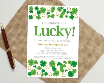Shamrock Baby Shower Invitation – Lucky Irish Theme (Digital or Printed)