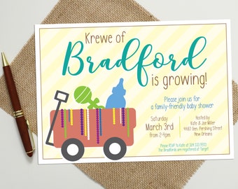 Mardi Gras Baby Shower Invitation – Krewe Theme, New Orleans (Digital or Printed)