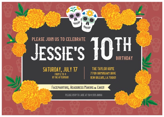 Marigolds Day Of Dead Sugar Skull Birthday Party Invitation Etsy