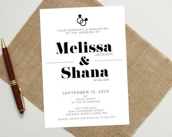 Diamond Rings Wedding Invitation: Same Sex, Queer, or Gender Neutral (Digital or Printed)