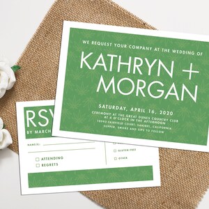 May include: Wedding invitation and RSVP card set with a green cannabis leaf pattern. The invitation reads "Kathryn + Morgan" with event details. The RSVP card includes fields for name, attendance, and dietary preferences.