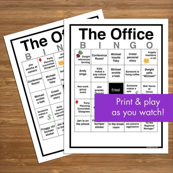 The Office tvshow inspired Bingo Watch and Play - INSTANT DOWNLOAD - 8 Cards - gift for office fan, the office watch party, printable game