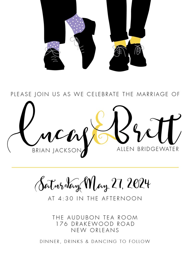 Gay Wedding Invitation Personalized, DIGITAL OR PRINTED same sex Mr & Mr fancy shoes and socks personalized, custom wedding Invite image 8