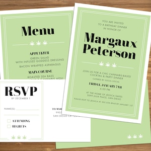May include: A set of light green party invitations and menu cards with a cannabis theme. The invitation features the name "Margaux Peterson" and details for a cannabis-based cocktail party. The menu lists appetizers and main courses.