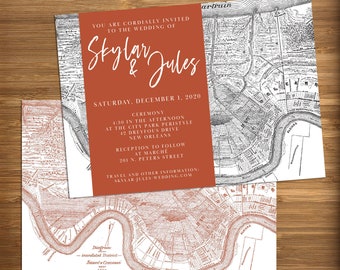 New Orleans Wedding Invitation Suite - City Map, Destination Wedding (Digital or Printed)