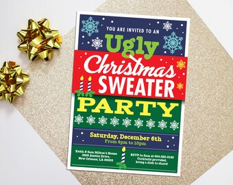 May include: A Christmas party invitation with a navy blue background, snowflakes, and the text "Ugly Christmas Sweater Party." The design includes red and green banners with festive text. Gold bows and a gold glitter background add to the holiday theme. The invitation includes the date and time.