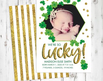 St Patrick's Day Baby Announcement - Shamrock, Lucky Clover (Digital or Printed)
