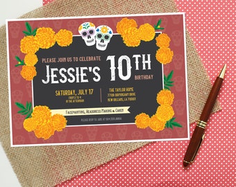 Day of the Dead Marigolds Birthday Party Invitation - Personalized, DIGITAL OR PRINTED - sugar skulls, calaveras, Dia De Los Muertos