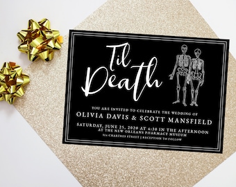 Til Death Skeleton Wedding Invitation Suite - Personalized, DIGITAL OR PRINTED - black and white death do us part, spooky wedding, halloween