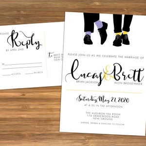 Gay Wedding Invitation Personalized, DIGITAL OR PRINTED same sex Mr & Mr fancy shoes and socks personalized, custom wedding Invite image 2