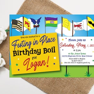May include: A yellow and blue birthday party invitation with a cartoon dog wearing a Mardi Gras mask. The invitation says "You are invited to a Feasting in Place Birthday Boil for Logan!" and includes details for the party, including the date, time, and location.