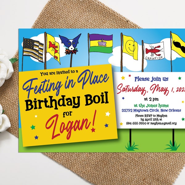 Jazz Fest Flag Birthday Party Invitation - Personalized, DIGITAL OR PRINTED - New Orleans music theme bday, crawfish boil, Nola louisiana