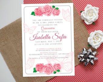 Pink Butterfly Quinceanera Invitation: Roses, Personalized (Digital or Printed)