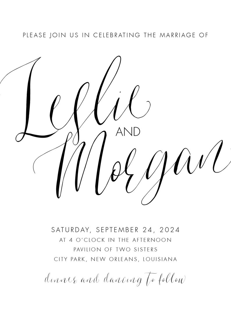 Calligraphy Style Wedding Invitation Personalized, DIGITAL OR PRINTED black and white, simple, classic, elegant wedding invites image 5