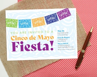 Cinco De Mayo Fiesta Invitation - Personalized, DIGITAL OR PRINTED - adult birthday party, picado banner party invite, taco tuesday, cookout