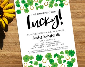 Lucky Shamrock St Patrick's Baby Shower Invitation - Personalized, DIGITAL OR PRINTED - lucky clover, horseshow, luck of the Irish, mom