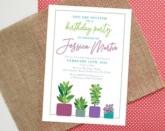 Succulent House Plant Birthday Invitation for Women - Personalized, DIGITAL OR PRINTED - girls night, planting party, indoor plants, garden