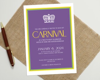 Personalized Mardi Gras Invitation - Purple, Green & Gold (Digital or Printed)