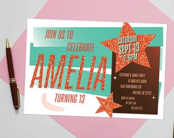 TSwift Showgirl Birthday Invitation: Orange Glitter, TLOAS party (Digital or Printed)