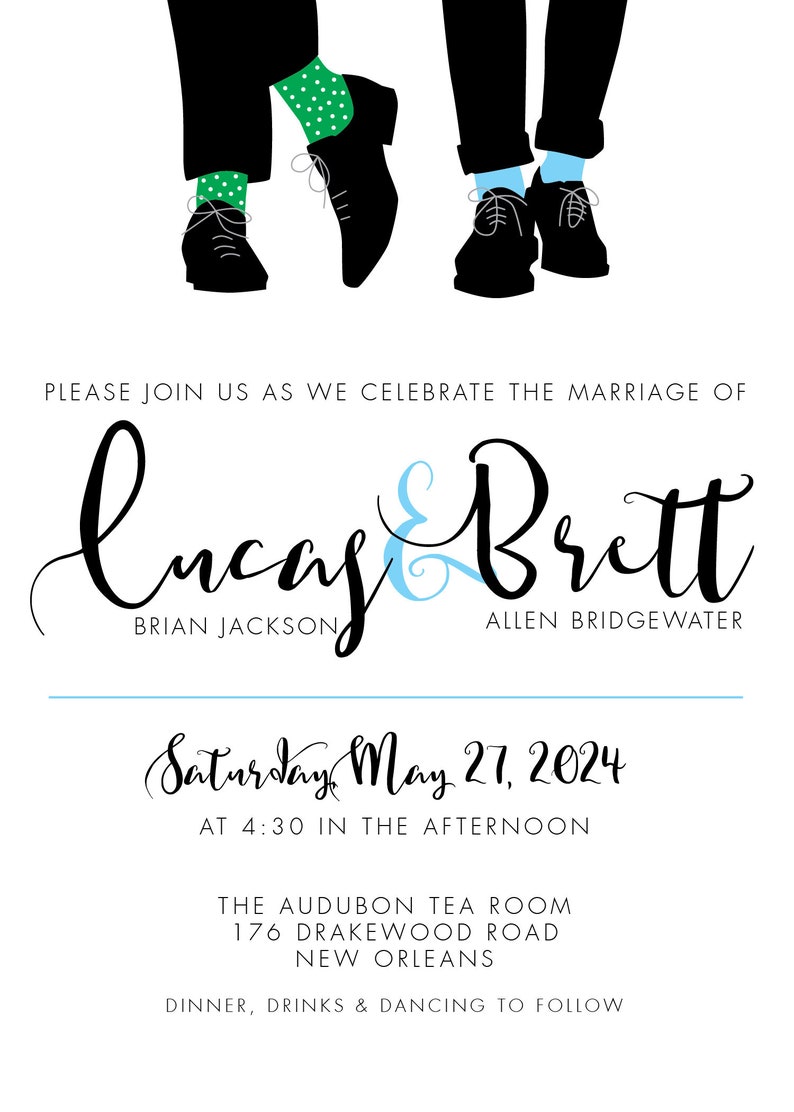 Gay Wedding Invitation Personalized, DIGITAL OR PRINTED same sex Mr & Mr fancy shoes and socks personalized, custom wedding Invite image 9
