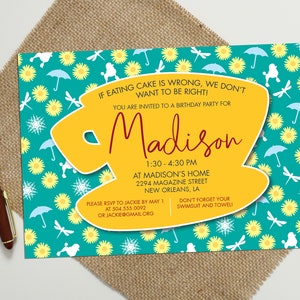 May include: A teal blue birthday party invitation with a yellow teacup design. The invitation is for Madison's birthday party and includes the date, time, and location. It also includes a request to RSVP by May 1st.