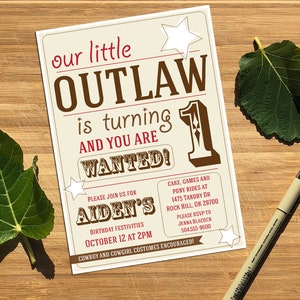 Cowboy Theme Birthday Party Invitation - Personalized, DIGITAL OR PRINTED - wild west, little outlaw bday, for boys or girls, western theme