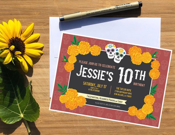 Marigolds Day Of Dead Sugar Skull Birthday Party Invitation Etsy