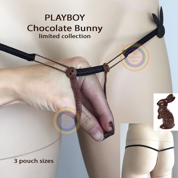 Men's Sheer Chocolate Bunny PLAYBOY Display G-string Exposed, Micro w/quick release buttons Erotic Underwear Mature