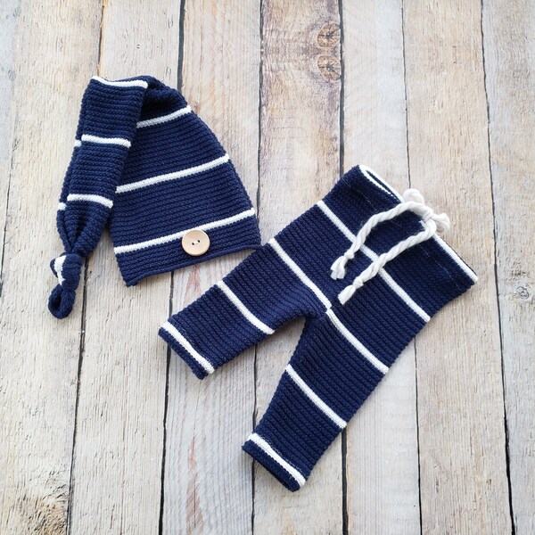Newborn Boy Navy Blue Stripe Hat and Pant Set Baby Boy Photo Prop Outfit