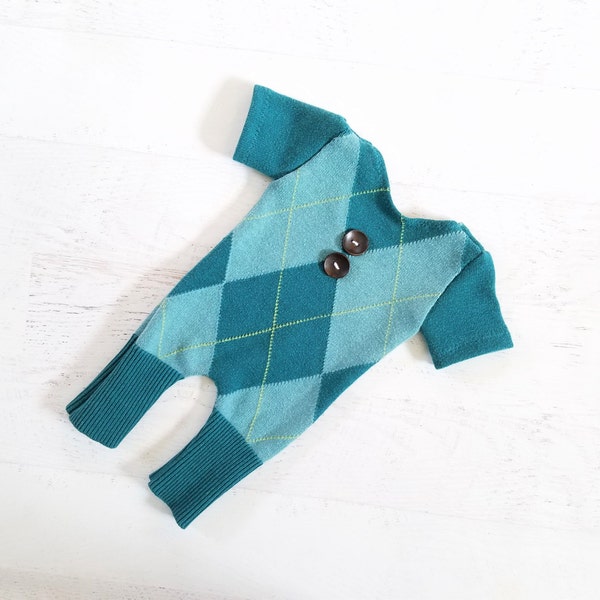 SALE! Newborn Boy Romper Overalls Outfit Upcycle Photo Prop Short Sleeve Teal Argyle Set Ready to Ship RTS
