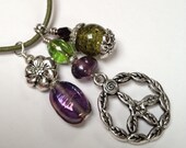 Hippie Chic Charm Necklace Peace Purple and Green Czech Glass Charm Necklace SRAJD