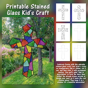 May include: Printable stained glass craft for kids featuring a colorful cross design. The image includes instructions to color the cross with markers and puffy paint. Celebrate Easter with this adorable craft!