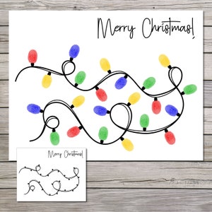May include: A printable Christmas craft activity for children. The image shows a black and white outline of a string of Christmas lights with a blank space for children to add their own colourful fingerprints. The text "Merry Christmas!" is written at the top of the page.