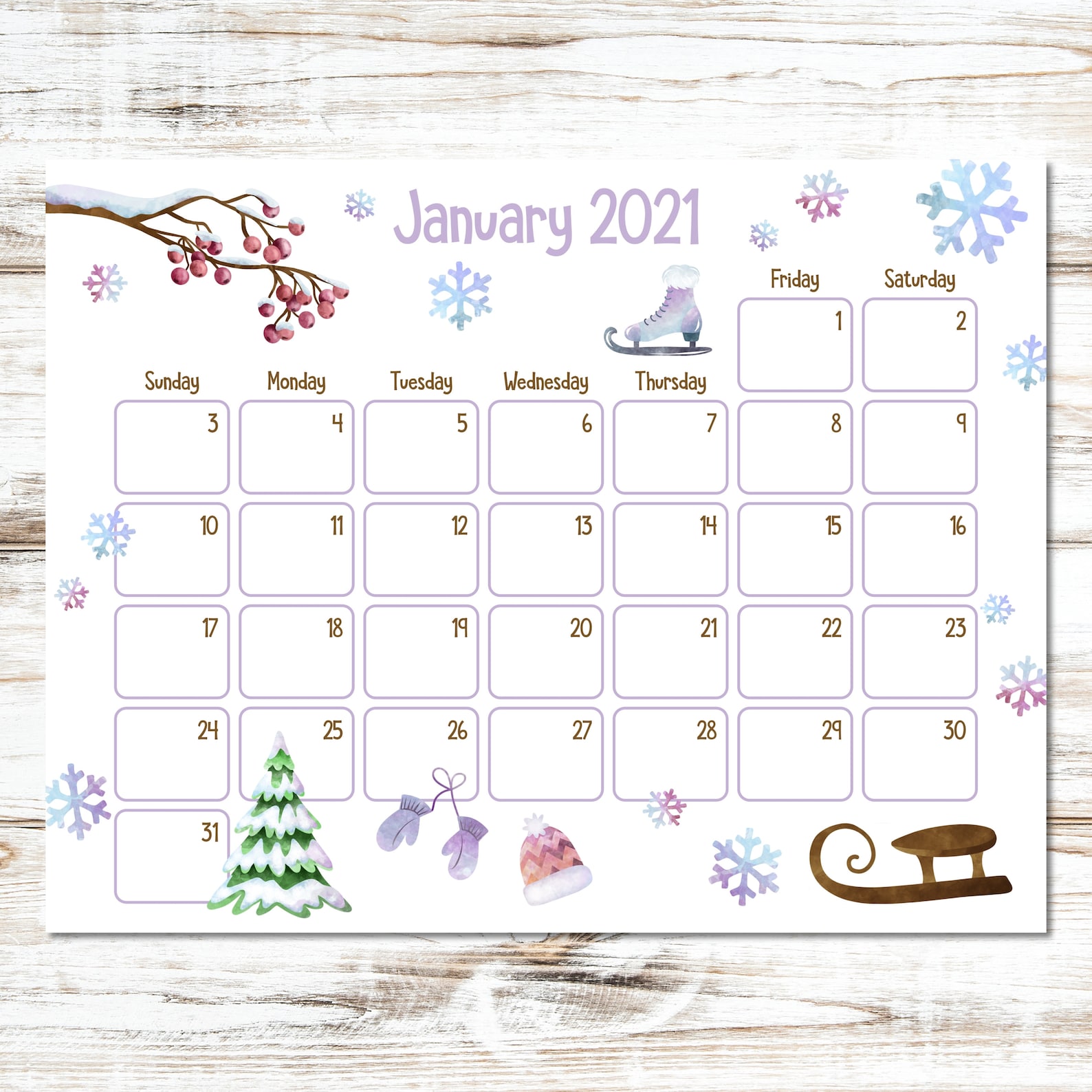 Printable Calendar Printable Kids Calendar January 2021 | Etsy