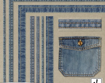Denim szwy - Denim Clip Art - Denim krawędzie - Jeansowe obramowania - Cyfrowe jeansy - Jeansowe szwy - Natychmiastowe pobieranie - CU OK