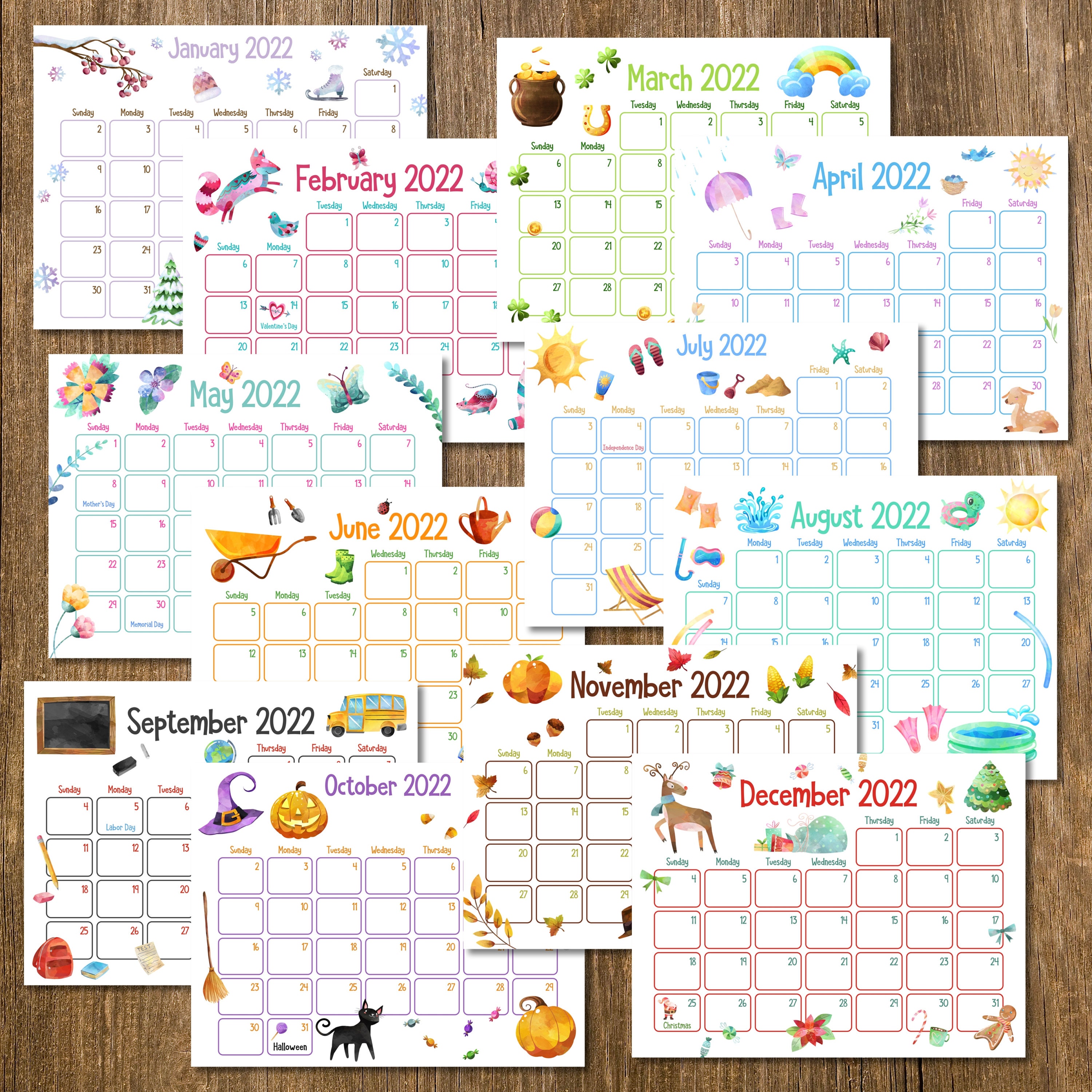 Printable Calendars Printable Kids Calendars 2022 Calendars Etsy