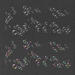 May include: A black background with multiple white and iridescent bubbles of various sizes. The bubbles are scattered across the background.