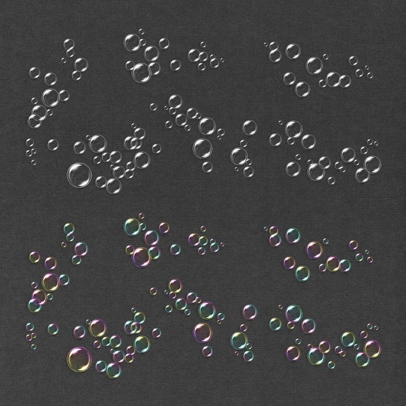 May include: A black background with multiple white and iridescent bubbles of various sizes. The bubbles are scattered across the background.