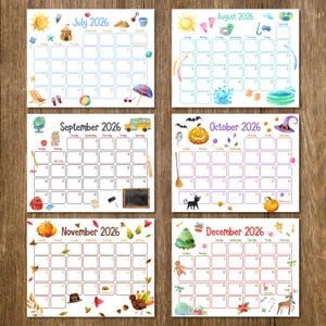 Peut inclure: Six calendriers aquarelles saisonniers pour 2026, chacun repr&eacute;sentant un mois diff&eacute;rent avec des illustrations th&eacute;matiques. Les mois incluent juillet, ao&ucirc;t, septembre, octobre, novembre et d&eacute;cembre. Chaque calendrier a une mise en page en grille avec les dates et les jours de la semaine.