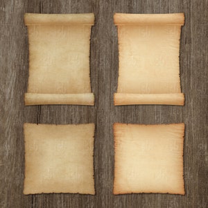 May include: Four blank parchment scrolls with rolled edges, two are flat and two are rolled up, on a rustic wooden background.