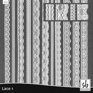 May include: A sheet of white lace trim designs. The sheet is divided into 20 vertical strips of different lace patterns. The text "Lace 1" is at the bottom left corner of the sheet.