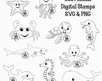 Sea Animal Digital Stamps, Sea Animal SVG, Sea Animal Clip Art, Cute Ocean Animals, Ocean Animal Outlines, Ocean Animal Cut Files, Ocean SVG