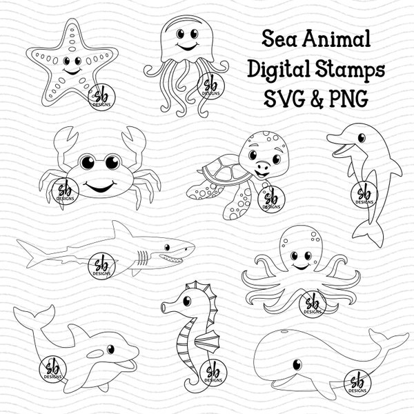 Sea Animal Digital Stamps, Sea Animal SVG, Sea Animal Clip Art, Cute Ocean Animals, Ocean Animal Outlines, Ocean Animal Cut Files, Ocean SVG