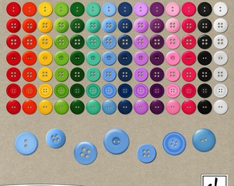 Puede incluir: Un conjunto de 100 botones coloridos en varios tonos de rojo, naranja, amarillo, verde, azul, morado, rosa, negro y blanco. Los botones están dispuestos en filas y columnas, con cada fila presentando un color diferente. Los botones son todos redondos y tienen dos agujeros. El texto "Botones de colores" está escrito debajo de los botones.