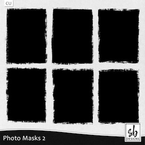 Puede incluir: Seis máscaras de fotos negras con un borde áspero, texturizado y de pinceladas. Las máscaras están dispuestas en una cuadrícula de 3x2. El texto "Photo Masks 2" está en la parte inferior de la imagen.
