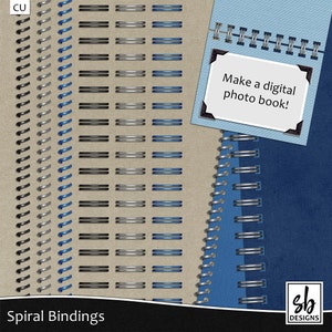 May include: A digital scrapbooking image featuring various styles of spiral binding designs in black, silver, and blue. The text "Make a digital photo book!" is included in a white box with a blue border.